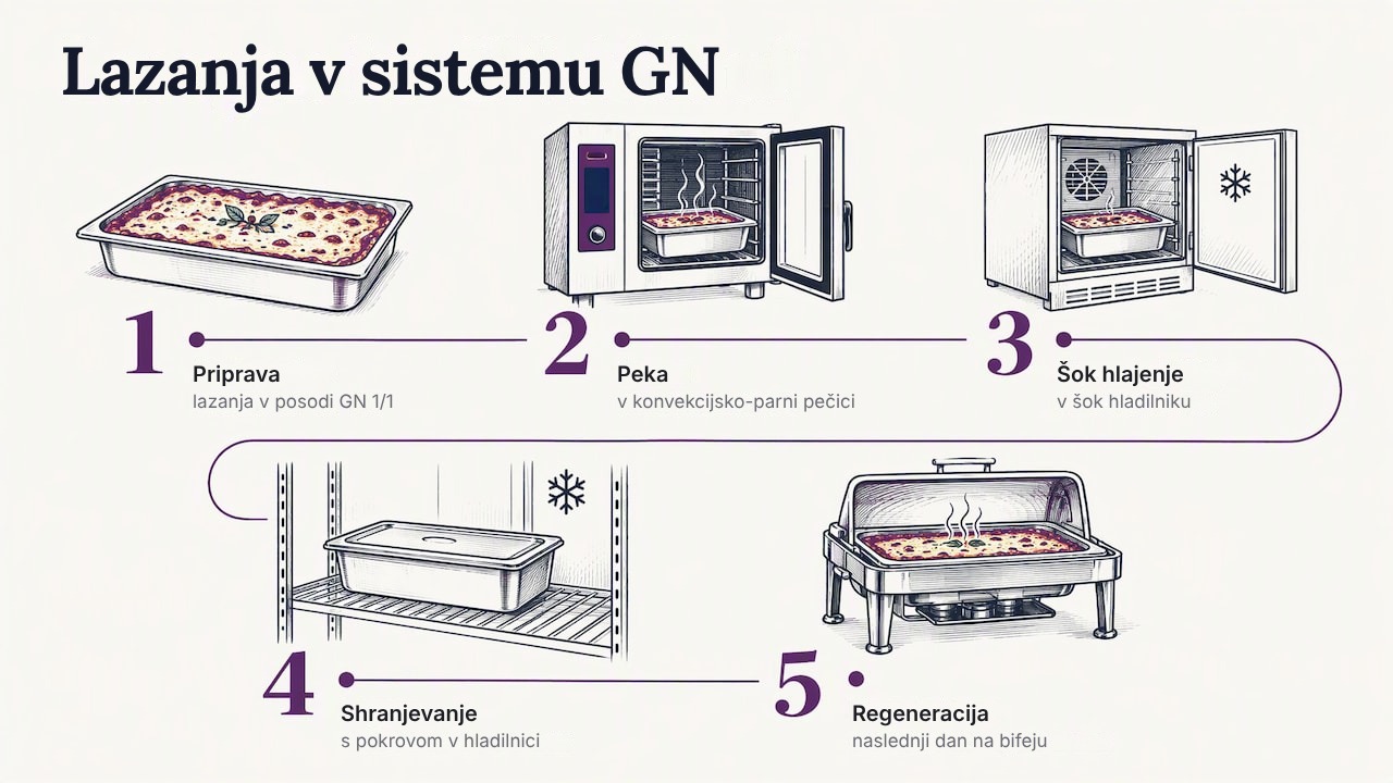 Infografika: lazanja v sistemu GN – priprava, peka, šok hlajenje, shranjevanje in regeneracija v isti posodi